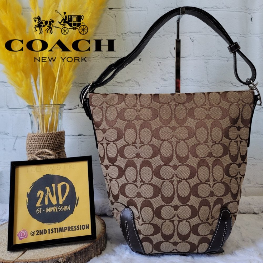 COACH 6076 Signature Jacquard Brown Canvas Bucket Shoulder Bag